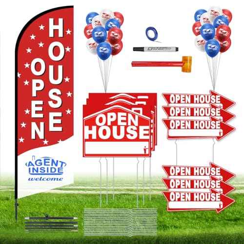 56 Piece Open House Signs for Real Estate Kit, 1 Open House Flag, 9 Double-Sided Estate Sale Arrows and Signs with Metal Stakes, Plus 24 Balloons, Suitable for Real Estate Brokerage Supplies (red)