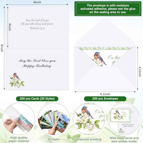 Zhanmai 200 Pack Religious Christian Birthday Cards Bulk with Scripture Bible Verse 4 x 6 Inch Assorted Christian Blessings Birthday Greeting Cards with Envelopes (Scenic Style)