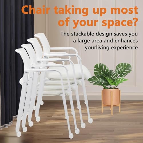 CLATINA 2-Pack White Stacking Office Chairs with Wheels – Mesh Back, Thick Leather Seat & Arms, Ergonomic Lumbar Support