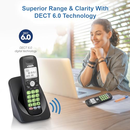 VTech Cordless Phone with DECT 6.0, Full-Duplex Speakerphone, Lighted Display, Backlit Keypad, Caller ID, Volume Control, Hearing Aid Compatible, Wall Mount, Black — Without Answering Machine