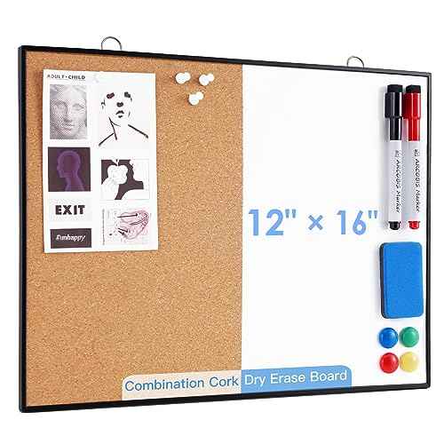ARCOBIS Cork Board White Board Combo, 12"X16" Small Bulletin Board for Wall, Double-Sided Magnetic Dry Erase Corkboard, Vision Whiteboard for Office,Home,School, Black