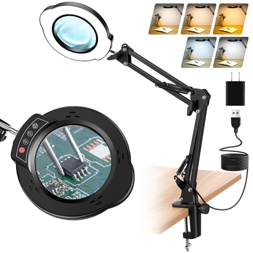 10X Magnifying Glass with Light, 5 Color Modes Stepless Dimmable LED Desk Lamp, Hands Free Lighted Magnifying Glass for Close Work Reading Craft Hobby