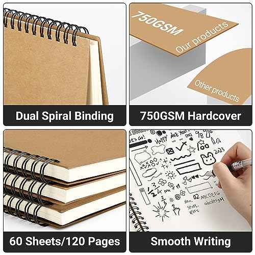 EUSOAR Spiral Journaling Notebooks, A4 6 Packs 8.5"x 11" 120 Pages Hardcover Spiral Blank Notebook, Blank Journal Unlined Notebooks Bulk for Student Office School Diary Drawing Writing-Brown