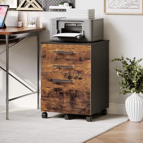 HOOBRO 3-Drawer File Cabinet, Wooden Under Desk Filing Cabinet, fits A4/Letter Size for Home Office, Small Rolling Storage Drawer Chest, Printer Stand with Drawers, Rustic Brown and Black BF02WJ01G1