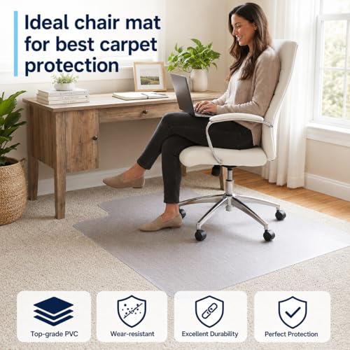 TONOS Chair Mat for Low Pile Carpet with Lip - Heavy Duty Office & Gaming Floor Protector, Semi Transparent