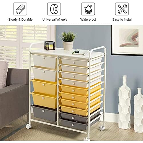 HAPPYGRILL 15-Drawer Rolling Cart, Storage Carts with Removable Drawers & Steel Frame, Utility Cart on Lockable Wheels for Home, School, Office, Yellow