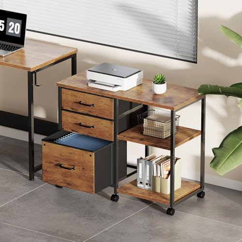 3 Drawer File Cabinet with Wheels Rolling Printer Stand with Open Storage Shelf Fabric Lateral Filing Cabinet for Home Office,Rustic Brown2