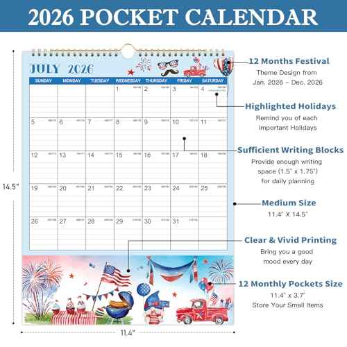 2026 Wall Calendar - 11.4" x 14.5", 12 Months from Jan. 2026 - Dec. 2026, 2026 Wall Calendar with Pockets for Home & Office, Vertical Calendar with Hanging Loop