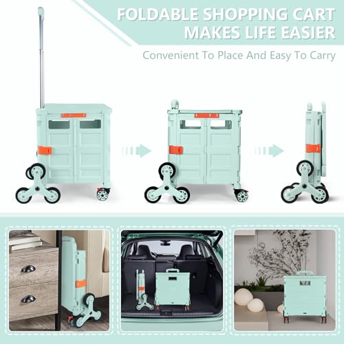 Foldable Utility Cart with Stair Climbing Wheels,Collapsible Rolling Crate with Magnetic Lid Telescopic Cover,Telescoping Handle,360¡Æ Rotate Wheel Hand Cart for Teacher Shopping Moving Grocery(Green)