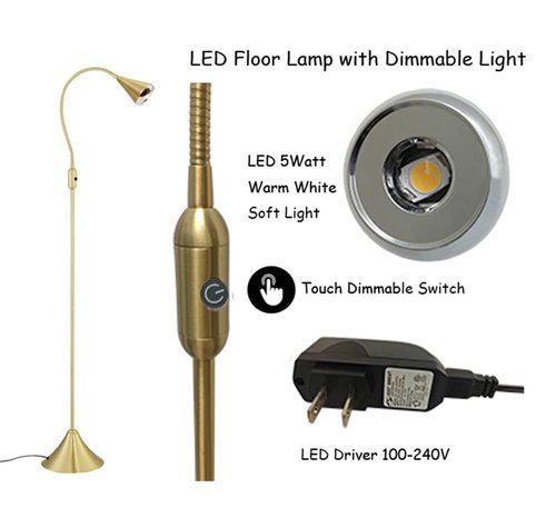HomeFocus - LED Floor Lamp,Standing Lamp for Reading,Eye-Caring,Stepless Dimming,Floor Lamp for Living Room,Bedroom,LED 5W,Energy Efficient Super Bright (Metal,Gold)