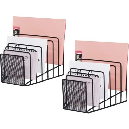 GoldOrcle 2 Pack Multi Step File Organizer Incline Desktop File Sorter Metal Wire Mesh Step File Letter Sorter, 7 Sections, Black
