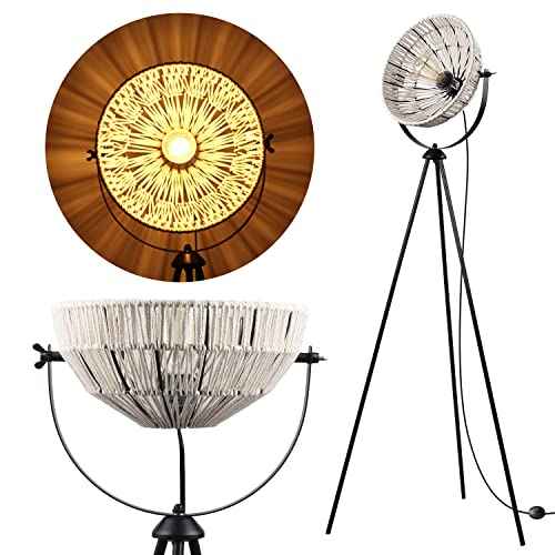Novelty Tripod Floor Lamps with Boho Hand-Woven Lampshade,Mid Century Standing Lamp,Adjustable Tall Pole Floor Lights/Table lamp for Living Room,Games Room,Home Office Decor