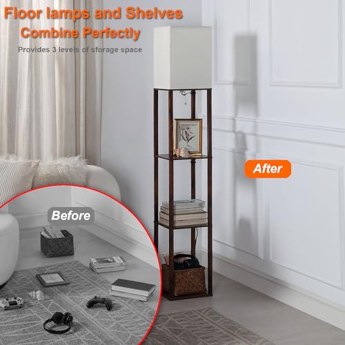 Floor Lamp with Shelves, Shelf Floor Lamps for Living Room with 2 USB Charging Ports and Power Outlet, 3CCT Modern Corner Square Display Standing Lamp 4-Tier Tall Bookshelf Lamp for Bedroom