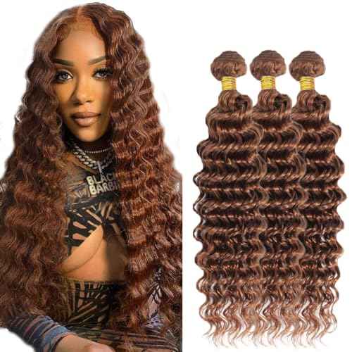 #30 Brown Bundles Human Hair Deep Wave Bundles 20 22 24 Inch Light Brown Deep Wave Bundle Unprocessed Brazilian Virgin Weave Hair 3 Bundle 50 Gram Per Bundle