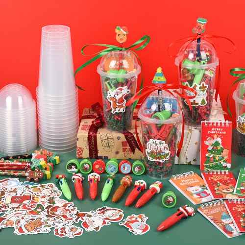 LiYiQ 247 Pcs Christmas Return Gifts for Birthday, Student Stationery Gifts from Teacher, Classroom Gifts Pencil Erasers Notesbook Stickers for Christmas Classroom Birthday Goodie Bags Rewards Prizes