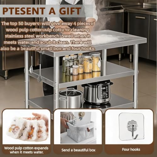 SALUISH 60" Stainless Steel Work Table with Fixed Legs & Swivel Casters, Adjustable Shelves