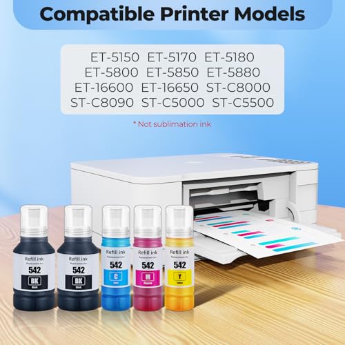 542 Ink Refill Bottles ET-5150 ET-5170 ET-5180 ET-5850 ET-16600 Replacement for 542 Ink ET-5800 ET-16650 ET-5880 ET5850 ET5150 ET5170 ET5180 5850 5800 5880 Printer, 5 PACK (2Black Cyan Magenta Yellow)