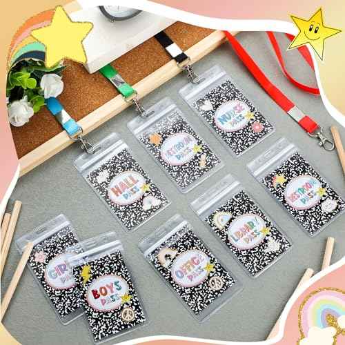 8 Pcs PVC Hall Pass for Classroom Composition Classroom Decor Unbreakable Hall Passes Lanyards Teachers Supplies Restroom, Library, Office, Elementary Cool for School Theme
