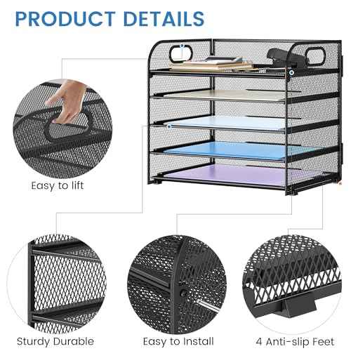 Paper Organizer Letter Tray with Handle Mesh 5 Trays Desk File Organizer Paper Sorter Desk Organizer for Office, Home or School-Black 2 Pack
