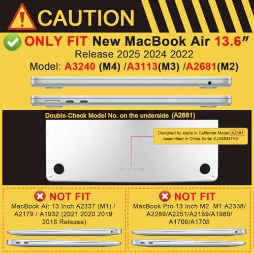 Batianda Ultimate Protection Case for M4 MacBook Air 13.6 inch 2025 2024 2022 Model A3240/A3113/A2681 Matte Carbon Fiber Edges Anti-Scratch and Anti-Fingerprint with Keyboard Cover, Black