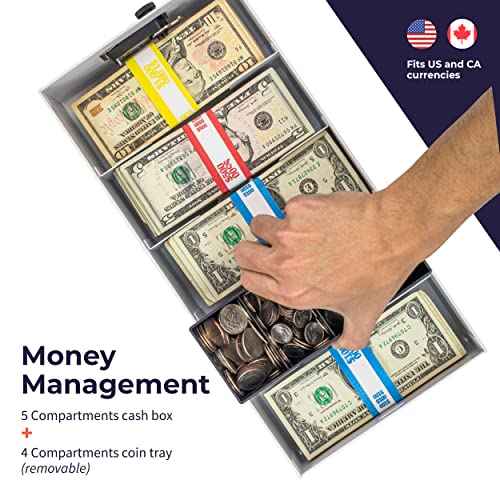 Volcora Cash Box Money Organizer - 15¡± x 7.5¡± x 4¡± Cashbox 5 Compartments Drawer Tray - Bills and Coin Slot with Combination Lock for POS Register, Kiosk, Retail, Personal and Business Use, White