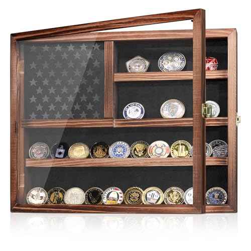 Challenge Coin Display Case, Lockable Military Coin Holder Cabinet with Removable Star Board & HD Tempered Glass Door, Solid Wood Wall Mount Coins Collection Rack Stand