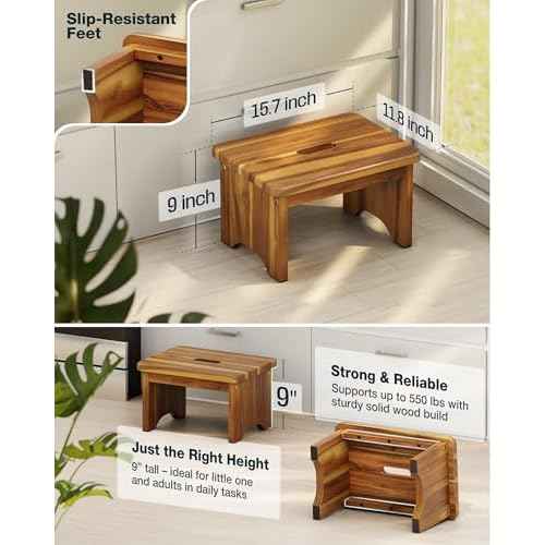 Wooden Step Stool, 9'' One Step Stool for Adults, Wooden Beside Step with 550 Lbs Load Capacity, Heavy Duty/Portable/Nonslip/Durable Construction Safe Step for Bedroom/Kitchen