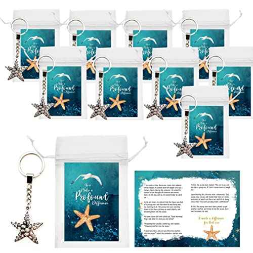 Smiling Wisdom - 10 Bulk Starfish Story Appreciation Gift Sets (30 Pcs Total) Inspire Uplift Team Staff Employees Students Volunteers - Profound Difference - Teal Cards - Hollow Starfish Keychain