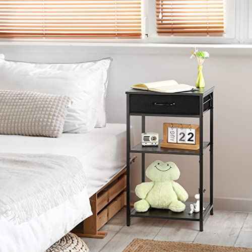 3 Tier Printer Stand Under Desk Small Printer Table with Storage Drawers Wood Printer Shelf Rack for Desk Black Side Table Nightstand for Home Office Organization