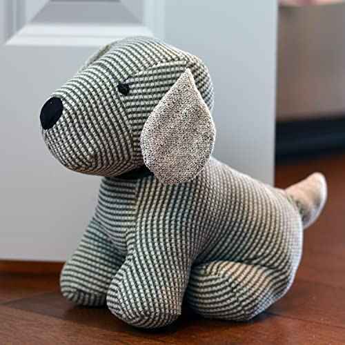 Weighted Puppy Dog Door Stopper, Floppy Ears, Grey, White, Black, Chenille and Tweed Fabric, Polyester Exterior, Polyester and Sand Filling, 9 Inches Tall, 2.2