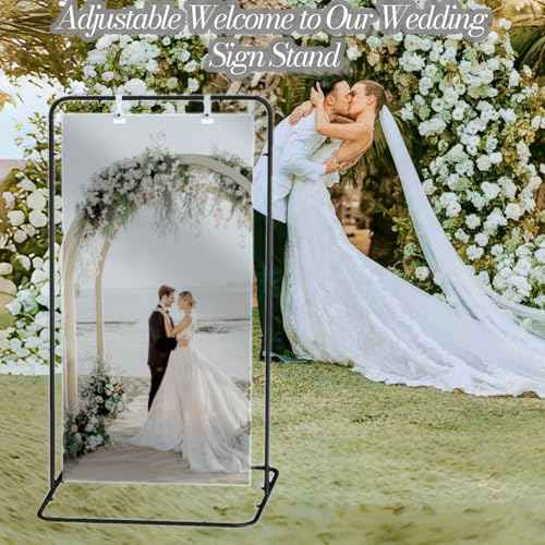 Wedding Sign Holder,Adjustable Welcome to Our Wedding Sign Stand with 2 Pack Leather Hanging Straps Heavy Duty Easel Rack Seating Chart Metal Stand for Birthday Party Baby Shower Graduation Ceremony Decoration,Black