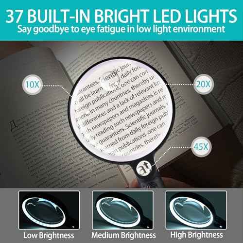 Large Magnifying Glass with 37 LED Light and Case, 10X 20X 45X Handheld Illuminated Lighted Magnifier with 3 Light Modes Rechargeable Magnifying Glass for Seniors Reading, Inspection (White & Black)
