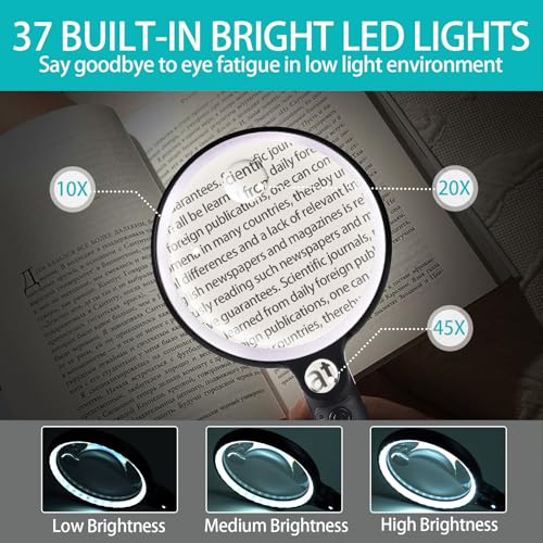 GABORISH Large Magnifying Glass with 37 LED Light, 10X 20X 45X, No Case, White & Black