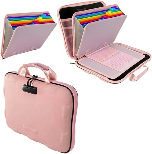 Fireproof Document Box - Hard Case File Organizer with Lock & 13 Pocket Accordion Folder | Portable Safe for Important Documents (Pink)