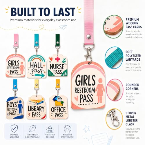Macaron Colors 6-Pack Wooden School Hall Pass Lanyards with Passes - Pastel Classroom ID Set