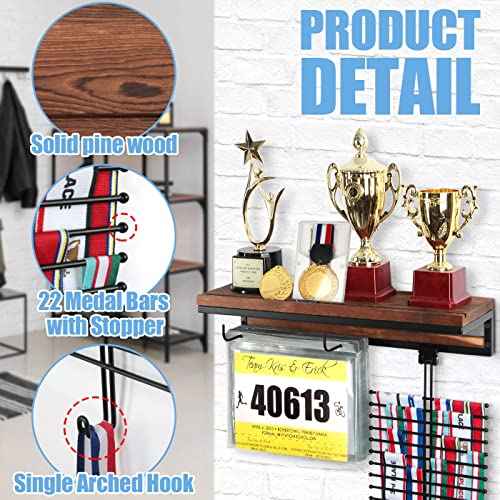 Medal Display Hanger Marathon Race Bibs Display Holder, Wall Mounted Trophy Shelf Rack and Hooks for Running, Sports, Gymnastics Awards 50 Bib Flip Pouches- MK817A