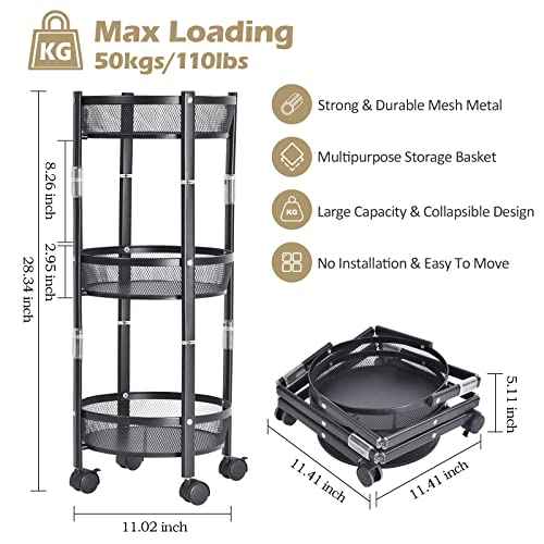 TOOLF 3-Tier Foldable Rolling Cart, Collapsible Metal Utility Cart with Wheels, Assembly-Free, Round Storage Organizer Trolley for Kitchen, Bathroom, Dorm, Nursery, Black