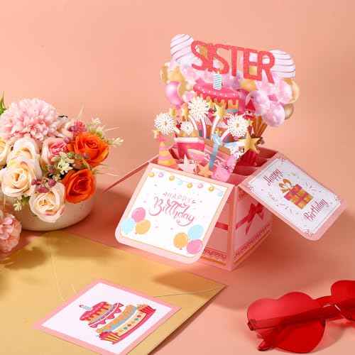 Funny Happy Birthday Sister Pop Up Card, 3D Birthday Card with Envelope Unique Gift for Women Party Decoration Keepsake