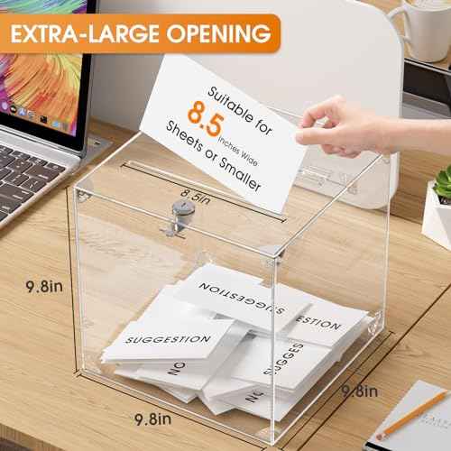 MaxGear Acrylic Donation Box, 9.8" x 9.8" x 9.8" Square Suggestion Box with Lock, Large Comment Case for Fundraising, Donating, Bar, School, 1 Pack