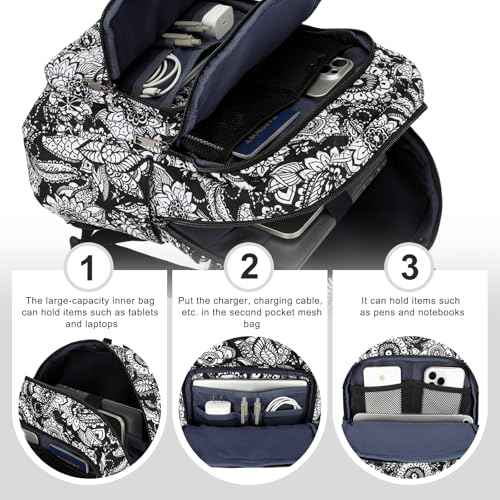 Searock Quilted Backpack for Women, Floral Backpack for School Girls, Cotton Lightweight Bookbag for Travel, Work Black