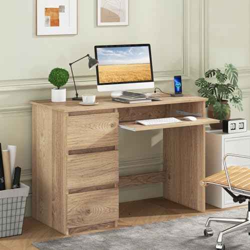 Tangkula Computer Desk with 3 Storage Drawers & Built-in Charging Station, Home Office Desk with Keyboard Tray, PC Desk Study Writing Desk, Vanity Table for Bedroom, Computer Workstation (Natural)