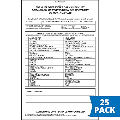 J. J. Keller Forklift Operator Daily Checklist 25-Pack: 31-Set Forms, 775 total