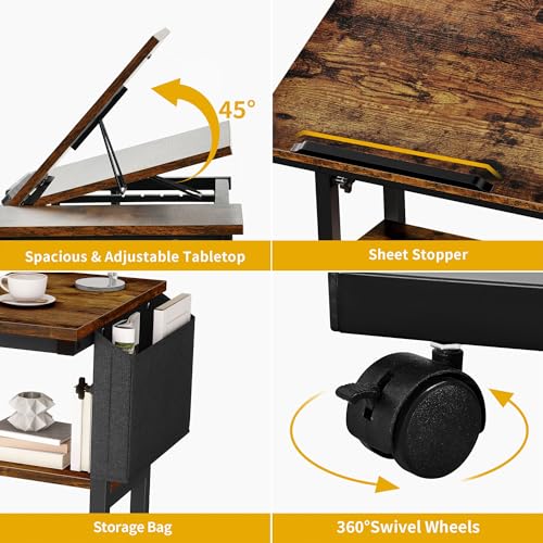 DWVO Height Adjustable Drawing Desk with Charging Station & Wheels, Rolling Craft Table with Tilting Top and Storage Bag, Small Standing & Sitting Laptop Computer Desk (Brown)
