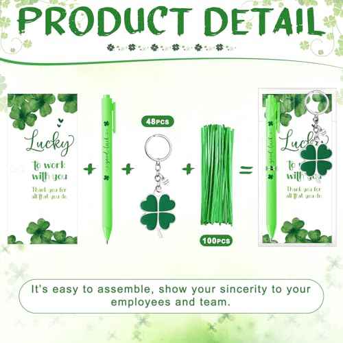 48 Sets St Patrick's Day Gifts for Employee Good Luck Ballpoint Pens Shamrock Ballpoint Pens Four Leaf Clover Keychains with Thank You Cards for Team Staff Teacher Coworker