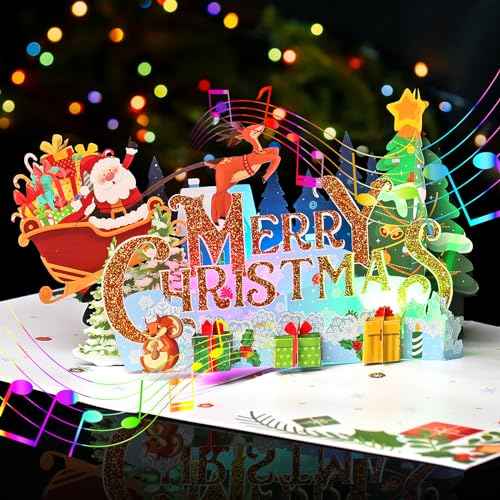 Merry Christmas Cards, Light and Music Christmas Card, 3D Pop Up Xmas Greeting Card for Women Men Kids Husband Wife Mom Dad Daughter