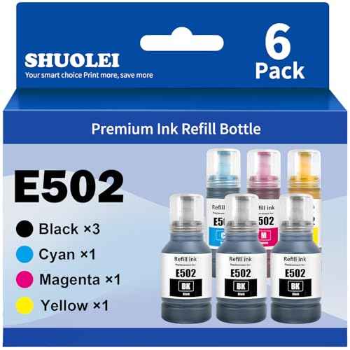 T502 Ink Refill Bottles Replacement for T502 Ink Refill Bottles for ET-2850 ET-3850 ET-4850 ET-15000 ET-3830 ET-2760 ET-4760 ET-3760 ET-3843 ET-2700 ST-2000 Printer (3BK C M Y)
