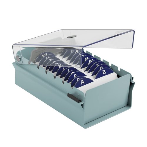 Acrimet Index Business Card Size File Holder Organizer Box Metal Base Heavy Duty (AZ Index Cards and Divider Included) (Green Color with Clear Crystal Plastic Lid Cover)