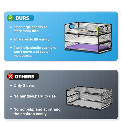 Marbrasse 3 Tier Paper Organizer Letter Tray, Mesh File Organizer with Handle, Paper Sorter Desk Organizer for Home Office Supplies