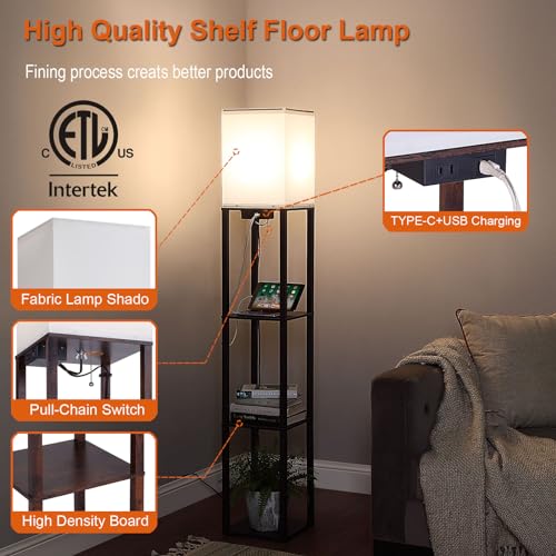 Floor Lamp with Shelves, Shelf Floor Lamps for Living Room with 2 USB Charging Ports and Power Outlet, 3CCT Modern Corner Square Display Standing Lamp 4-Tier Tall Bookshelf Lamp for Bedroom