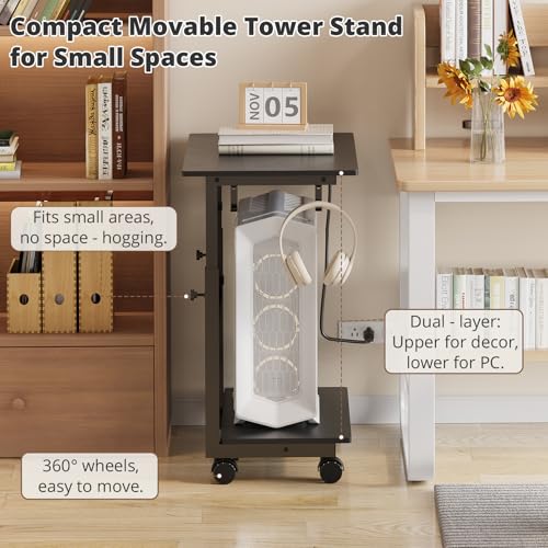 HavenlyYouth 2-Tier Adjustable Computer Tower Stand with Power Outlet - Black